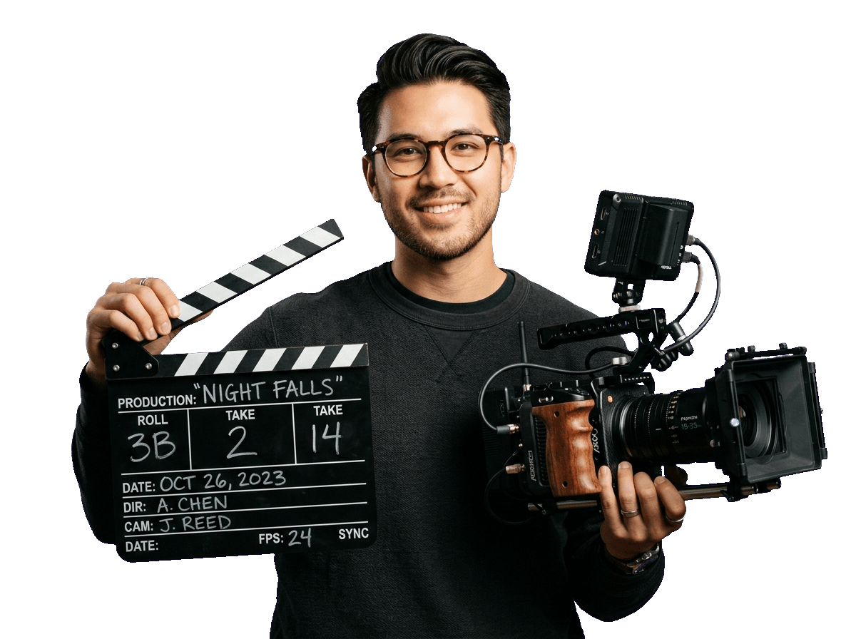 Film Cinematographer with Production Clapperboard Slate & Camera Rig