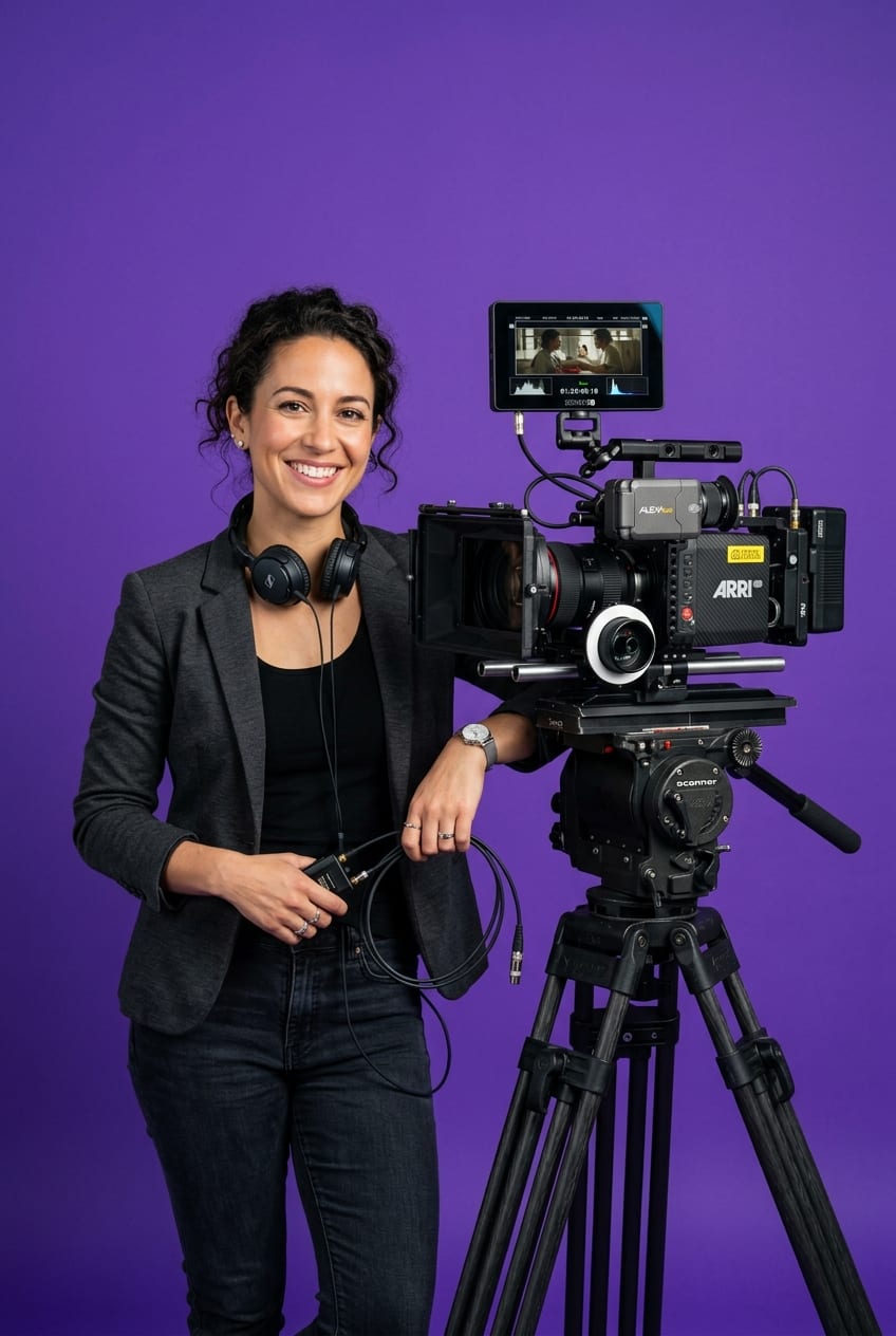 Cinema Director beside ARRI Camera Rig on Solid Violet Backdrop