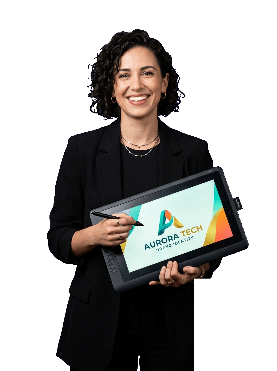 Brand Identity Designer holding tablet with logo concept